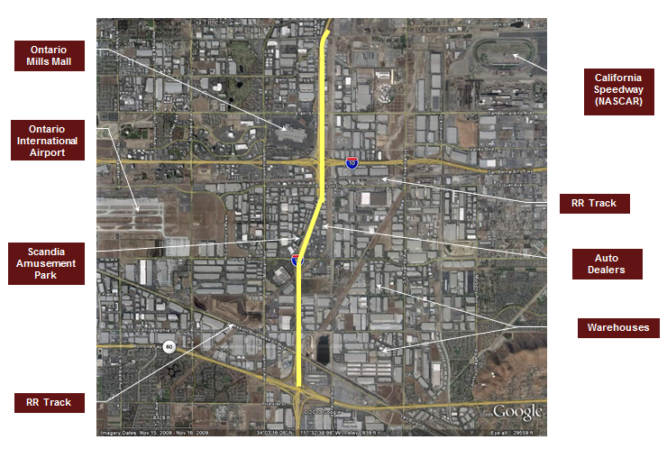 Slide shows map of I-15 corridor and highlights locations of nearby traffic generators, including an airport, NASCAR speedway, mall, amusement park, and commercial areas that generate truck traffic.