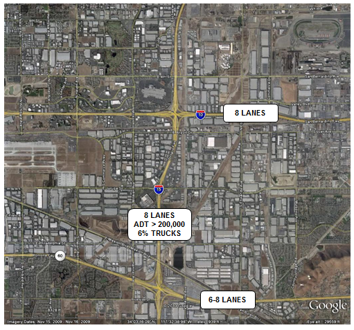 Map showing intersection of I-15, with 8 lanes and an ADT greater than 200,000, 6 percent of which are trucks, with I-10, which is also an 8-lane facility, and route 60, which also provides 6 to 8 lanes.