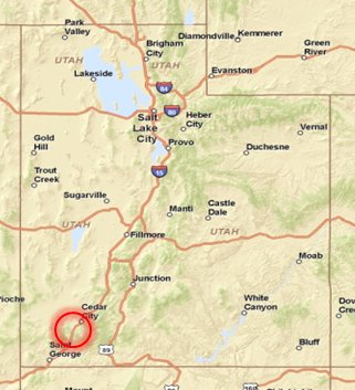 Map of the state of Utah with major Interstates identified. The area between Cedar City and Saint George on I-15 has a circle around it.
