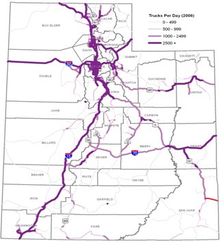 Map of Utah with the major freight corridors color coded to indicate the range of trucks per day that travel on each roadway.