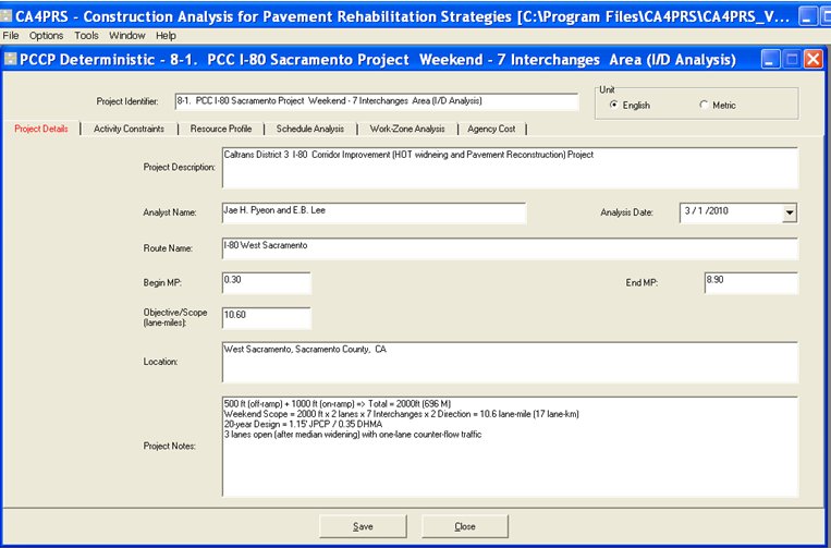 Screenshot of the CA4PRS PCCP Deterministic project details screen.
