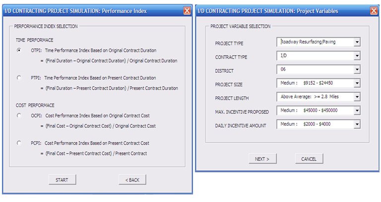 Two screenshots depicting performance index selections and project variable selections in an I/D contracting project simulation.