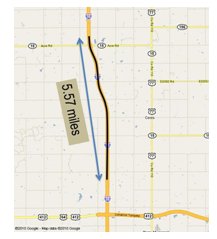 Map highlighting the 5.57 mile stretch of the I-35 project area.