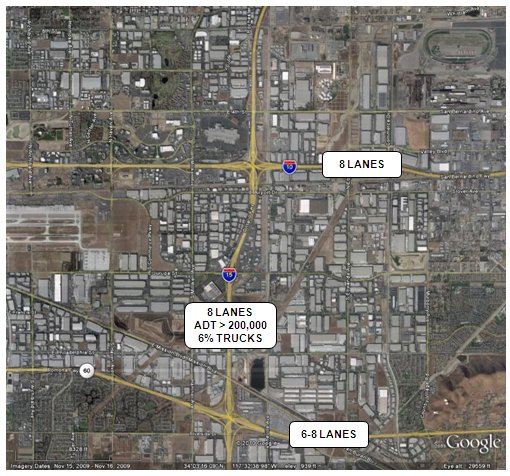 Aerial photo of project area including a notation that the I-10, which intersects with I-15, is an8 lane highway. I-15 has an ADT greater than 200,000, 6% of which are trucks. SR60, a 6-8 lane major arterial, also intersects I-15.