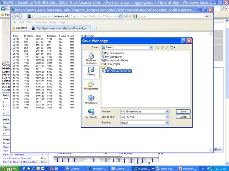 Screenshot of a PEMS display in which a data set is being saved out.