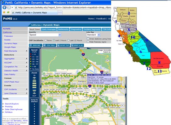 Screenshot of PEMS California dynamic map screen and a map of California with the Caltrans districts 1 through 12 identified. 