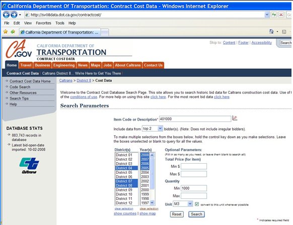 Screenshot of CA Bid Cost DB Website, available at: http://sv08data.dot.ca.gov/contractcost.