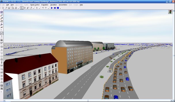 Screenshot depicting a Vissim 3-D work-zone lane-closure and traffic-movement simulation.
