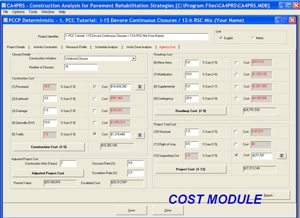 Screenshot of the cost module input screen.