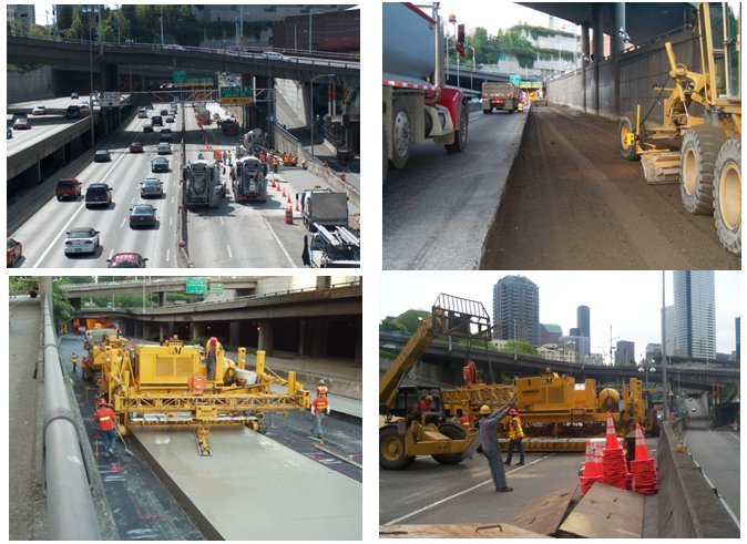 Four photos of various construction activities on a section of I-5 that runs under a series of overpasses.