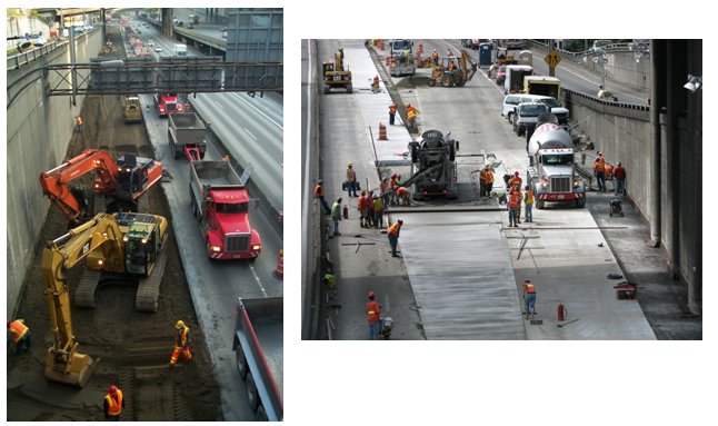 Two side-by side photos of the narrow constuction area on I-5 below an overpass.