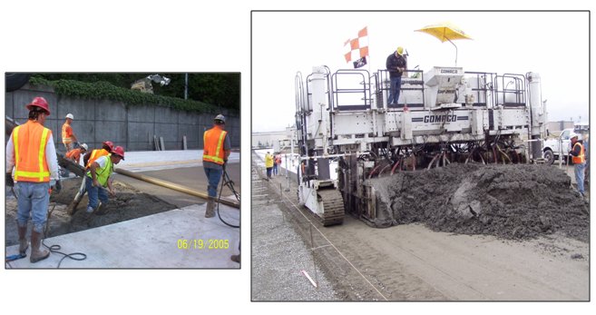 Two photos of construction work, one of workers smoothing a cement surface, the other of a concrete paver.
