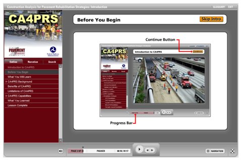 Screenshot of the entry page to the Construction Analysis for Pavement Rehabilitation Strategies online instructional course.