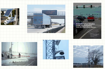Collage shows a variety of in situ ITS technology: traffic sensors, dynamic message signs, CCTVs, etc.