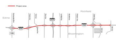 Diagram of a mainline project area with major cross-streets indicated.