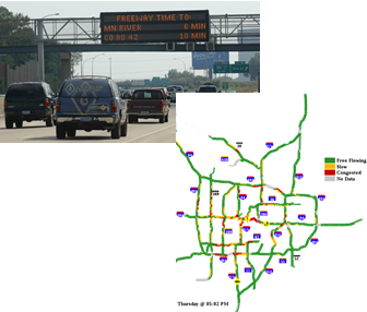An example of a traffic heat map and a photo of a freeway with free moving traffic and a travel time advisory message on an overhead dynmaic message sign.