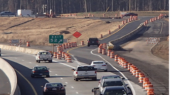 Image shows a temporary exit from a restricted access highway.