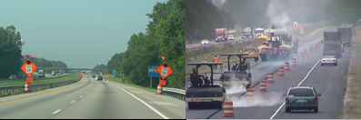 Set of photos depicting the approach to a work zone in which 'Speed Limit 55' signs warn drivers of new statutory speeds and an active work zone with a lane closure and paving equipment.