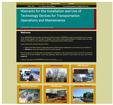 Screenshot of the ENTERPRISE Transportation Pooled Fund Study – Warrants for the Installation and Use of Technology Devices for Transportation Operations and Maintenance website.