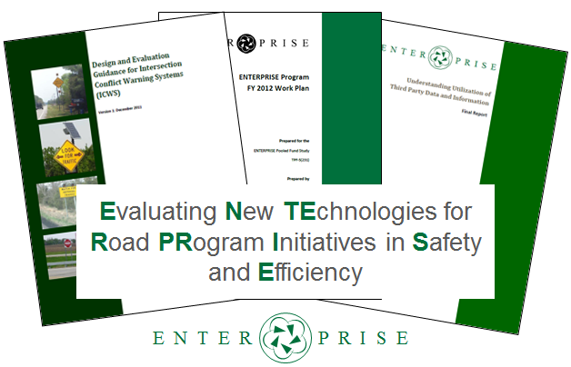 Collage of sample ENTERPRISE Program documents, the ENTERPRISE Logo, and the full program name: Evaluating New TEchnologies for Road PRogram Initiatives in Safety and Efficienty.