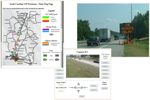 Collage depicting an online work zone map, a portable changeable message sign indicating duration of delay, and a traffic camera depicting traffic flow through a work zone.
