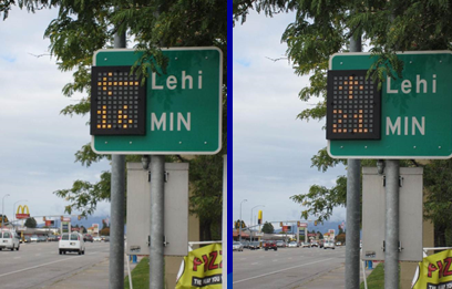 Two photos show a travel time signs that flashes between travel time for each of two routes to a single destination