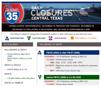 Screenshot of the I-35 Daily Closures website