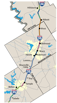 Image shows a map of the I-35 Corridor through Falls, McLennon, and Hill County, Texas