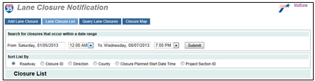Screenshot of the lane closure database website