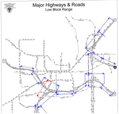 Map depicting major highways and roads low block range.
