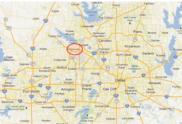 Map of the Dallas-Fort Worth area with the locality of Grapevine, located near the Dallas-Fort Worth airport, circled in red.