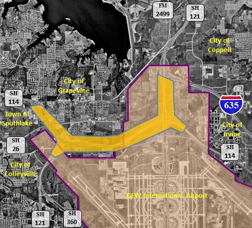 Blowup map of the study area showing where the new connector will run along the north side of the Dallas-Fort Worth International Airport.