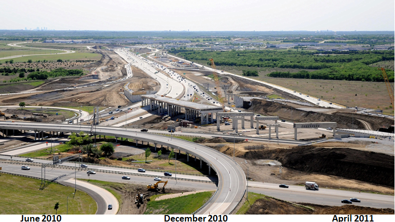 Aerial photo of construction on one segment of the project. A timeline along the bottom indicates work began on this segment in June 2010 and ended April 2011.