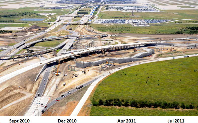 Aerial photo of construction on one segment of the project. A timeline along the bottom indicates work began on this segment in September 2010 and ended July 2011.