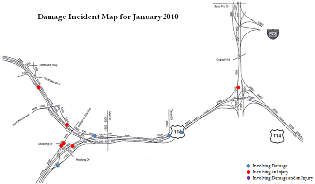 Damage incident map for January 2010 identifis locations in the project area where there were damages, injuries, and both damages and injuries.