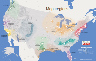 Stylized heat Map of the Unites States with circles of varying diameters located throughout indicating highly populated and geographically widespread areas that have been designated as  &quot;megaregions&quot;.