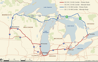 Map of the northern midwest region of the U.S. including the Great Lakes, Michigan, Wisconsin, parts of Minnesota, Illinoi, Indiana, and Ontario. The map also features the major interstates that connect the region.