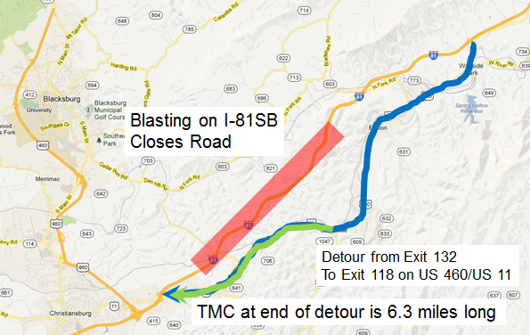 Map displaying the detour from Exit 132 to Exit 118 on US 460/US 11 from blasting on I-81SB making it a closed road.