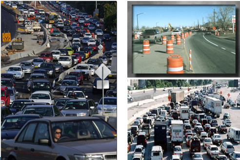 Collage of photos featuring work zones and congestion.