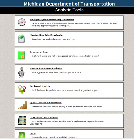 Screenshot of the Michigan DOT RITIS Analysis tools page.