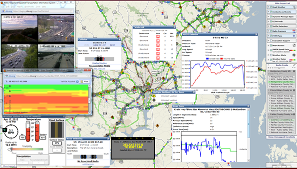 Screen shot of a computer screen displaying a regional-level traffic map with various real-time data tools and feeds overlaid.