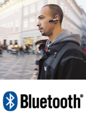 A man wearing a Bluetooth headset above the Bluetooth logo.