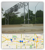 A photo of a detector mounted to an overhead guide sign structure is placed above a map showing four detector locations on the Interstate 94 corridor west of Milwaukee, Wisconsin.