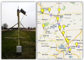 Two side-by-side images, one of a photo of a roadside detector and the other of a map of the I-90/I-94 corridor in Wisconsin, between Madison and Portage.  The map shows locations of BlueTooth detector units.