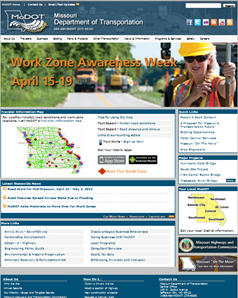 Screen capture of the Missouri Department of Transportation web page.  The screen capture highlights Work Zone Awareness Week, a traveller information map, and other transportation news and links.