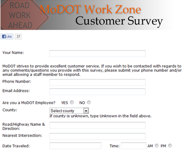 The first page of the online Missouri Department of Transportation Work Zone Customer Survey.