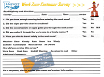 Scanned image of a hard copy of the Missouri Department of Transportation Work Zone Customer Survey.