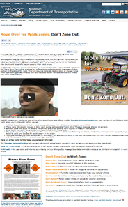 Screen capture of the Missouri Department of Transportation web page encouraging motorists to slow down and not "zone out" while driving through work zones.