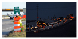 A construction worker placing a construction barrel on the side of a highway, and traffic traveling through a lit work zone at night.
