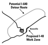 potential I-640 detour route and proposed I-40 work zone